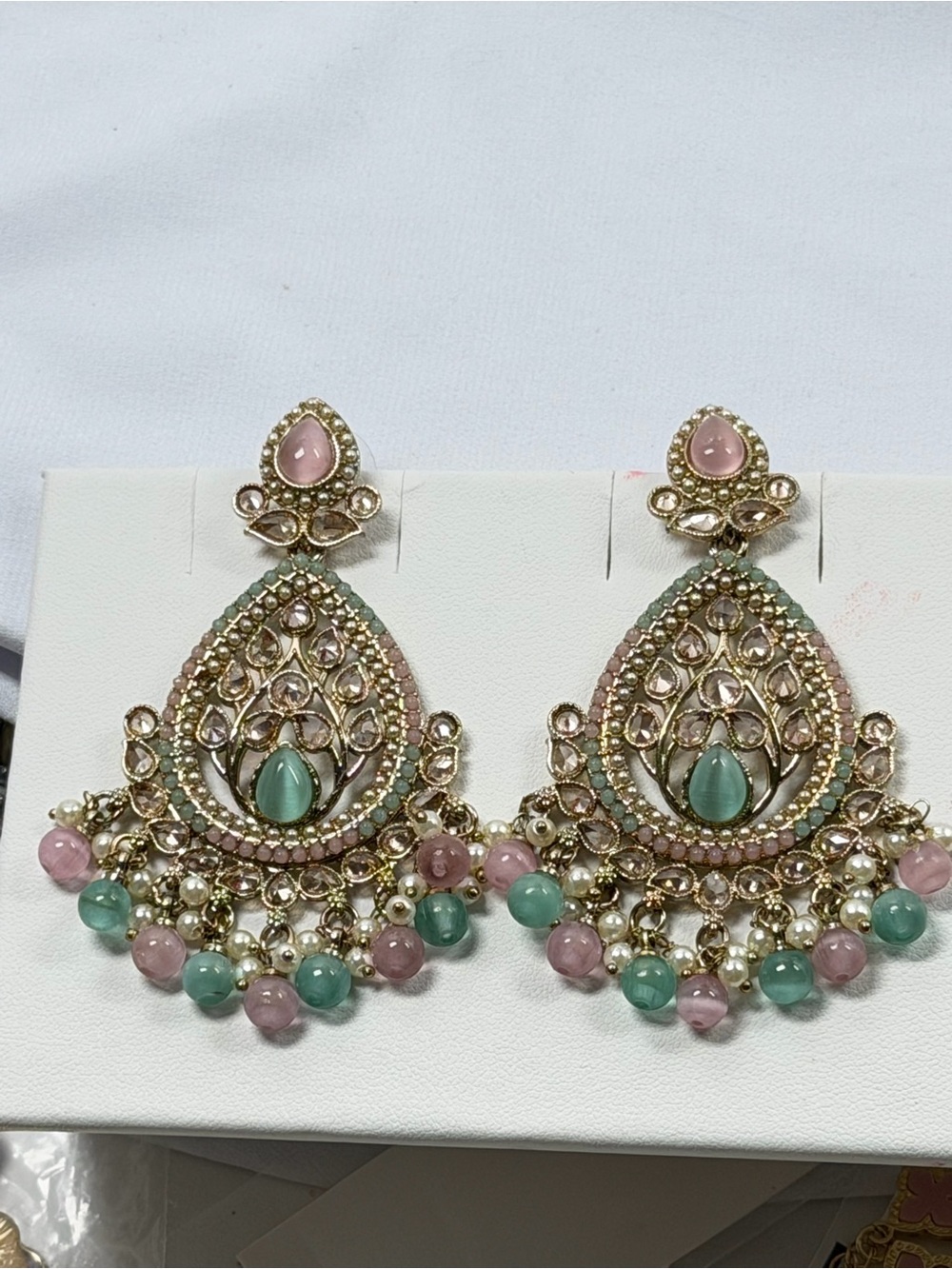 Elegant Pastel Green and Pink Chandbali Earrings by with Monalisa stone - Picture 2 of 6